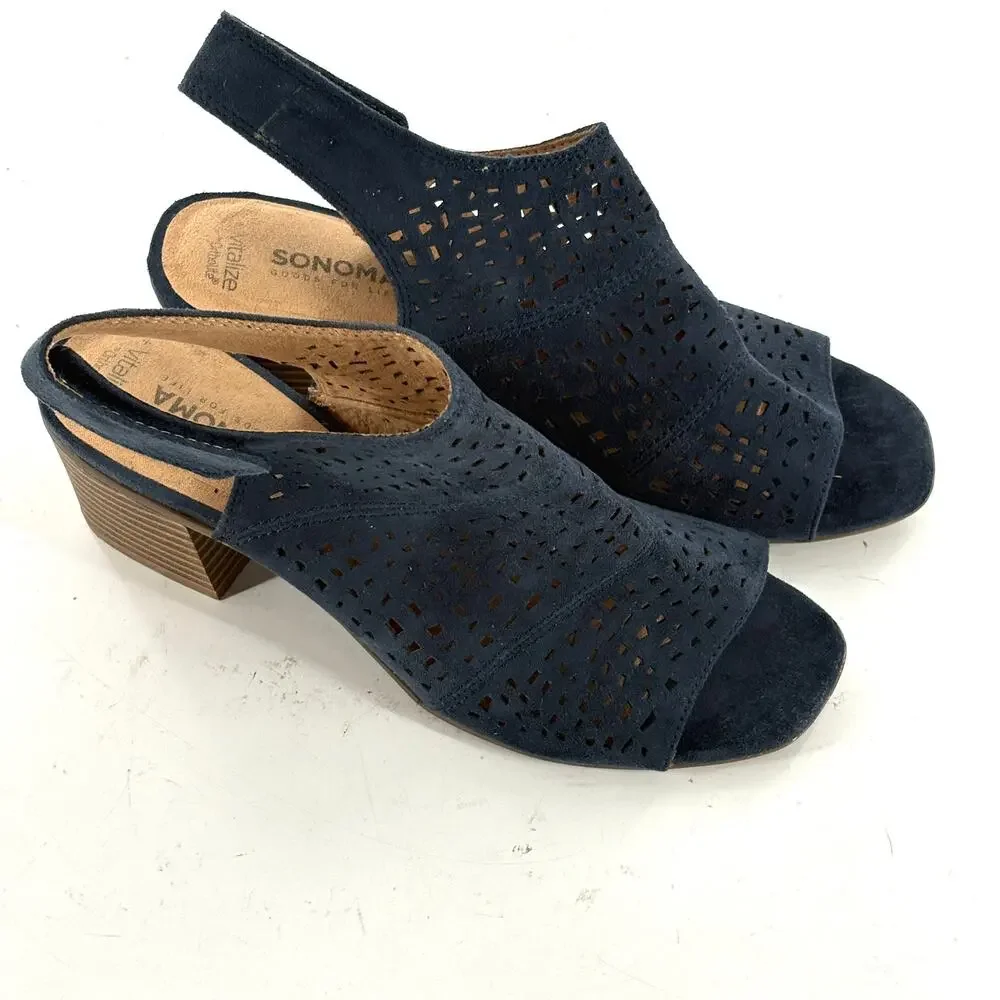 Sonoma Suede Slingback Heels 8 Navy Blue Lasercut Western Boho Festival
